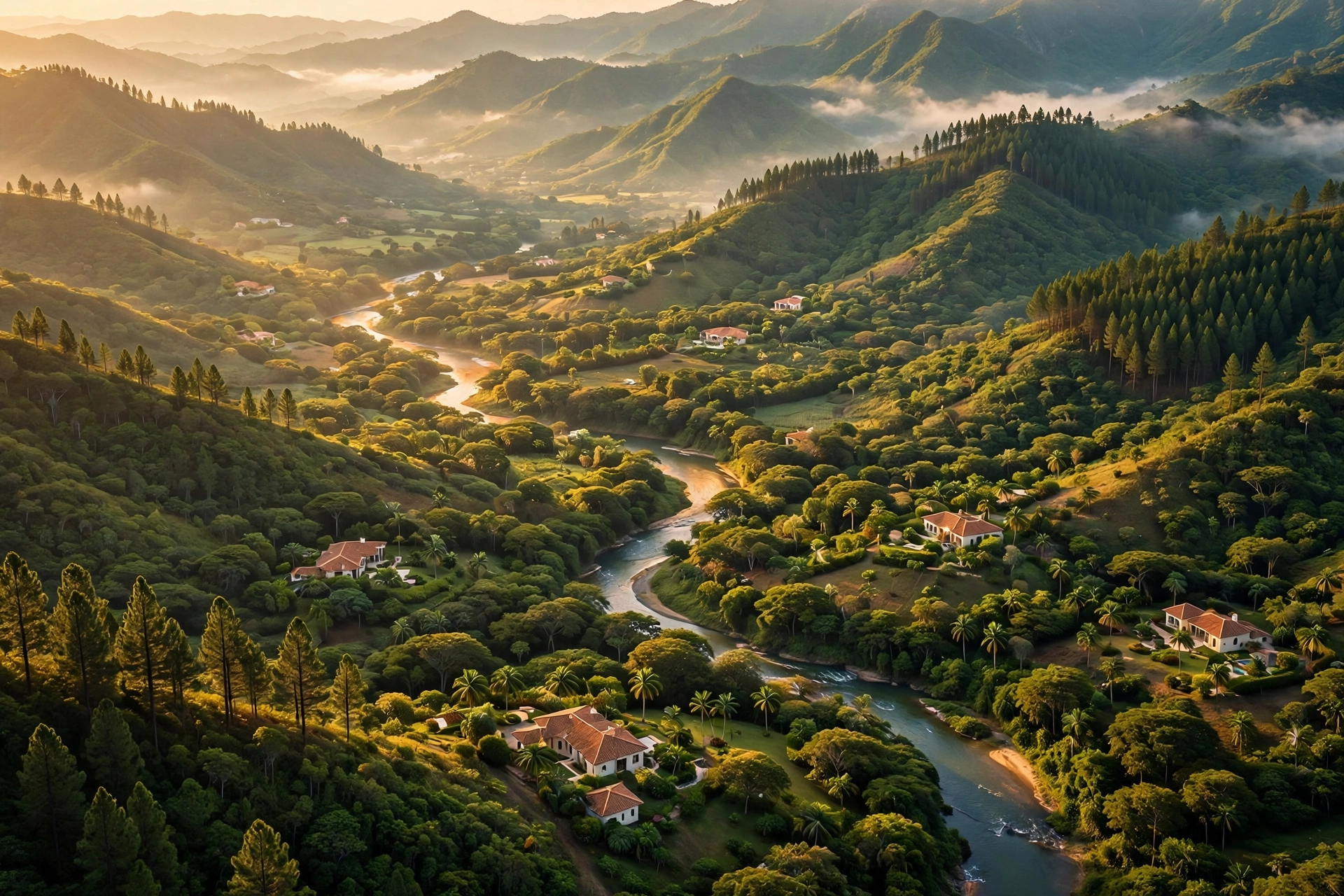 Valle verde de Jarabacoa entre montañas al amanecer